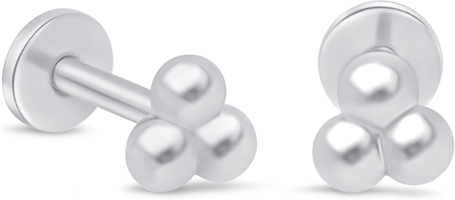 14K Solid Gold Trio Ball Flat Back Stud Earring Cartilage Earring Threaded Upper Lobe Tragus Helix Piercing Jewelry Nose Ring Trinity Triple Minimalist Earring for Upper Ear Piercings SINGLE or PAIR