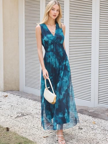 Image of ANRABESS Women's Floral Tulle Wedding Guest Maxi Dress | V Neck Sleeveless,A-Line Elastic Waist,Casual Flowy Formal Boho,Bridal Shower Garden Party Beach Vacation,Summer Fall
