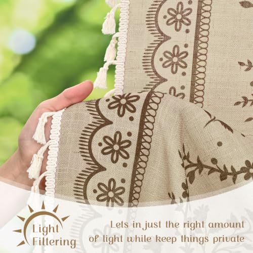 Image of Yinhua Boho Swag Valance Curtains Vintage Linen Valances for Windows Light Filtering Floral Kitchen Valance Rod Pocket Rustic Tassel Window Valances for Bathroom Cafe, 60 inch W x 36 inch L, Beige Brown