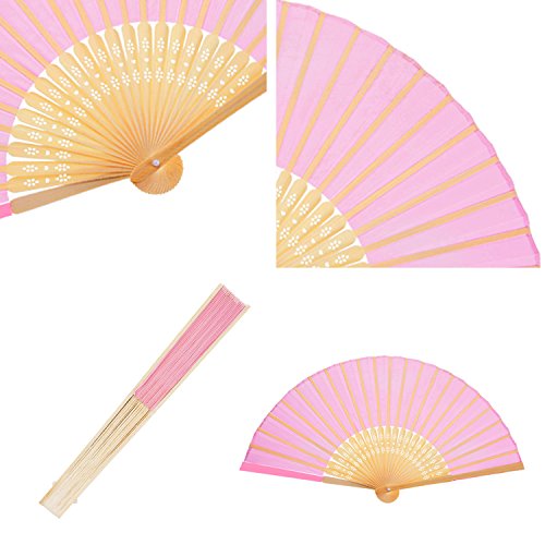 Bememo Hand Held Fans Silk Bamboo Folding Fans Handheld Folded Fan For Church Wedding Gift, Party Favors, Diy Decoration (12 Pack, Pink) #TOP2