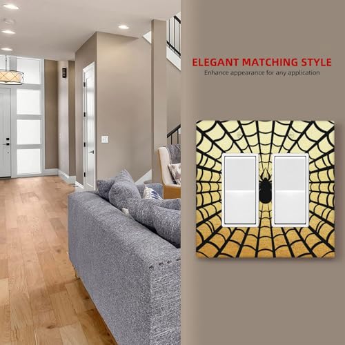 Decorative Outlet Covers Black Spider Spiderweb on Golden Background 2 Gang Light Switch Cover Plate Double Rocker Wall Plate Switch Plate Covers Faceplate for Bedroom Home Decor