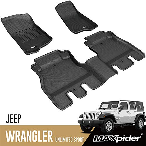 3D MAXpider All-Weather Floor Mats for Jeep Wrangler JL Unlimited 2018 2019 2020 Custom Fit Car Floor Liners, Kagu Series (1st & 2nd Row, Black)