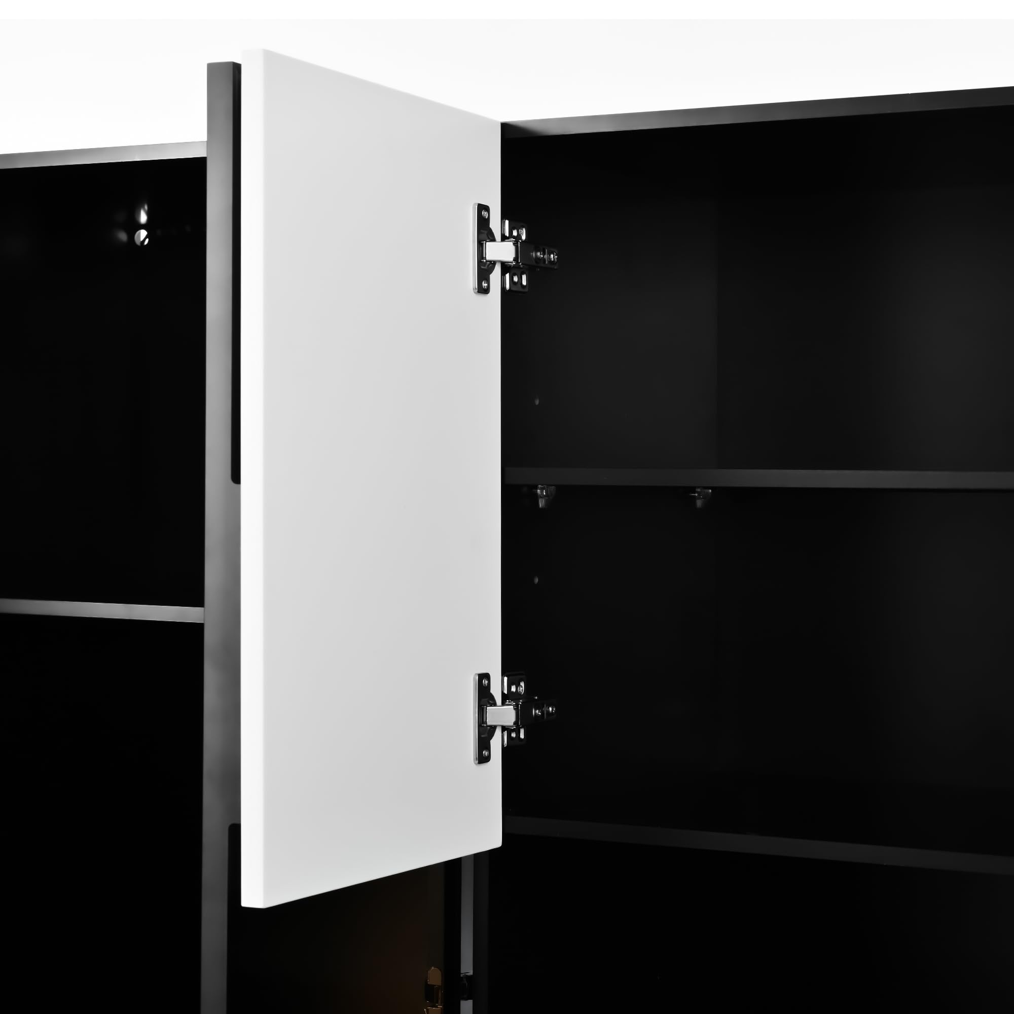 REXO Vetrina da cucina multifunzionale, con illuminazione a LED, 6 ante, 3 cassetti, ripiani, per riporre stoviglie, microonde, L 120,5 x P 40 x H 180 cm, bianco + nero