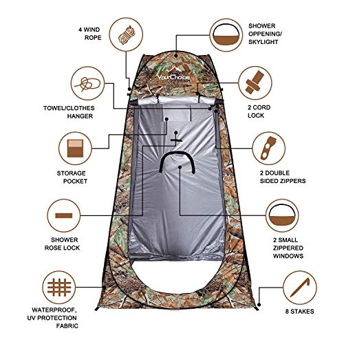 Image of Your Choice Pop Up Camping Shower Tent, Portable Changing Room Camp Shower Toilet Privacy shelter Tents for Outdoor and Indoor, 6.2FT Tall - Color Camo Green | Waterproof Silver Coating Portable Shelter with Carry Bag for Camping, Beach, RV, Hiking, Fishing
