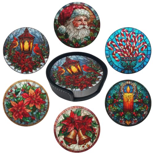 sunwarshile Christmas Coasters for Drinks with Holder Round Leather Coasters Set of 6 Cups Mugs Mat Pad for Home Kitchen Bar