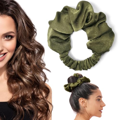 BLINKEEN Heatless Curling Scrunchie, Heatless Hair Curler to Sleep In, No Heat Curls for Long Hair, Soft Sleep Hair Roller (Olive green)
