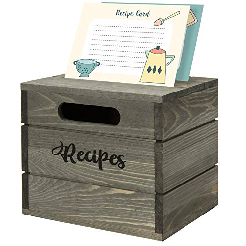 MyGift Vintage Gray Solid Wood Recipe Card Holder Box with Burnt Wooden Label Divider Tabs - Holds 4x6 Cards