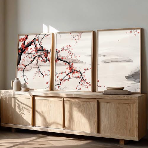 Image of kotart Big Aesthetic Cherry Blossom Tree Wall Framed Posters | Japanese Nature Art Framed Poster for Living Room Bedroom Wall Decor Set Of 3 (14x20 Inch)