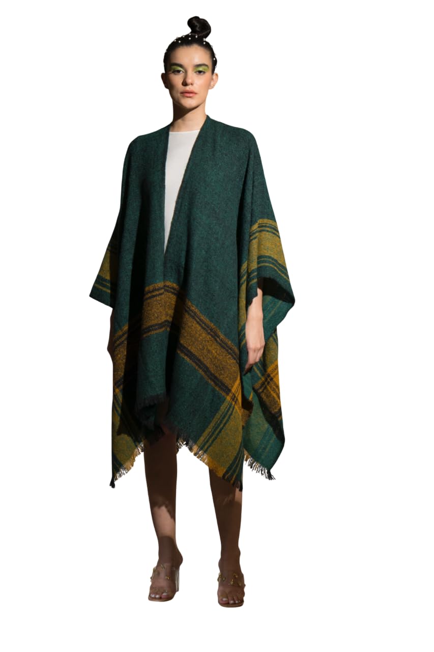 Women’s Cape Wool Outerwear | Draped Cape Style Layer with Open Front Shawl Design | Woolen Textured Fabric with Contrast Border Detailing | Contemporary Indo-Western Fashion, Green/Mustard-image-3