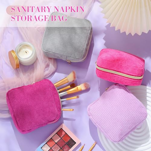 Image of Dansydaisy 4 Pcs Sanitary Napkin Storage Bag Pink Corduroy Period Bag for Gift School Teen Mini Makeup Preppy Cosmetic Wallet Set for Women Teacher Portable First Period Cute Pad Pouch with Zipper