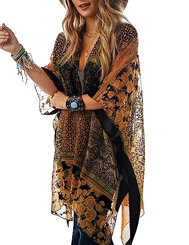 Image of Women's Burnout Velvet Kimono Long Cardigan Cover Up Casual Outfit