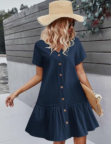 Image of HOTOUCH Women Button Down Dress Loose Summer Cotton Linen Dress Ruffle Hem Casual Dress Short Sleeve Tunic Dress