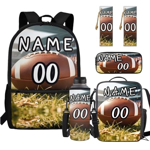 YEXIATODO Rugby Customized Backpack for Boys Primary School with Lunch Box Pencil Case Water Bottle Sleeve Lightweight Elementary School Bookbag for Teens Girls 5 in 1 for Kids Book Bag Set