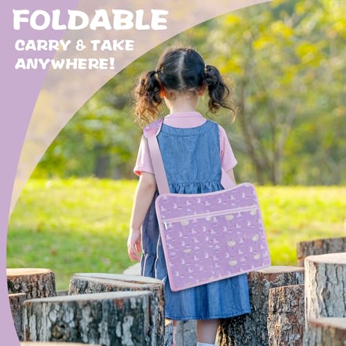Image of MENZOKE Kids Travel Tray for Car Seat, Road Trip Essentials Kids Lap Tray | Toddler Gift for Girl Activities with Dry Erase Board, No-Drop iPad Holder Stand, Cup Holder & Adjustable Strap, Purple