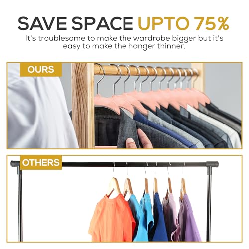 Image of Techzoo 50 Pack New Premium Quality Velvet Hangers Ultra Thin Non Slip Adult Felt Space Saving Hangers for Closet Heavy Duty Coat Pants Jackets Dress Hangers 360 Swivel Hook Hold Upto 10lbs Rose Gold