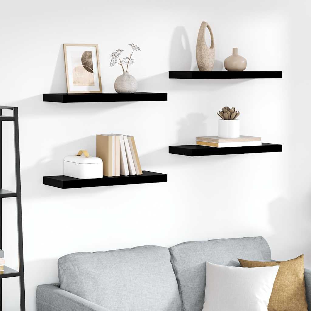 Półki wiszące, 4 szt. czarny wysoki połysk, 60 x 23,5 x 3,8 cm, płyta MDF, zestaw do montażu na ścianie, nowoczesny regał wiszący na książki, dekoracje, przedmioty kolekcjonerskie
