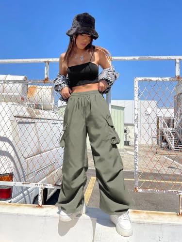 Image of GRECIILOOKS Women's Cargo Pants|Trousers |High Waist Cotton Trouser |Flared Parachute Pants with Side Pockets | Cargo Pant|Elegant for College & Events