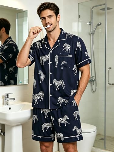 Image of Mens Pajamas Set Short Sleeve Sleepwear Summer Pjs Button Down Pijamas Set Modal 2PCS Pj Set with Pockets, Navy Zebra-XL