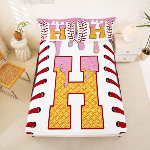 Homewish Juego de ropa de cama individual con diseño de béisbol y alfabeto H, sábana bajera ajustable personalizada con dibujos animados para niños, adolescentes y niñas, funda de cama de dulces y