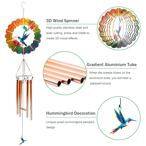 Image of Wind Chimes with Hummingbird Wind Spinner, Gifts for Mom Women Grandma Birthday Retirement Teacher, 31 inch Windchimes Outdoor Decor Hanging Mobile for Garden Porch Patio Backyard