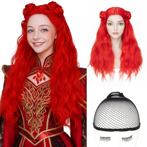 S-noilite Red Descendants Wig with 2 Buns 25inch Long Curly Rise of Red Wig for Women Halloween
