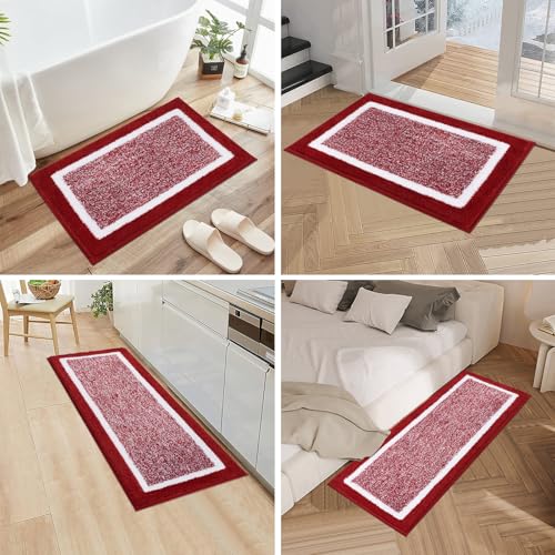 Pauwer 3 Piece Bath Mat Set, Non Slip Plush Bathroom Mats, Absorbent Shaggy Bathroom Rug Set with U-Shaped Contour Toilet Mat for Bedroom Living Room, Red