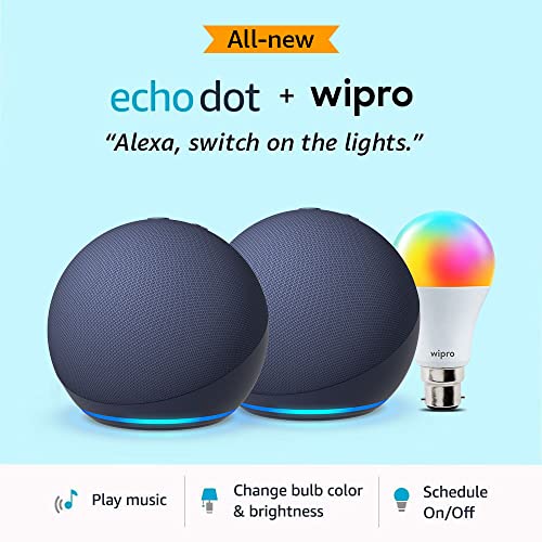 Image of Echo Dot (5th Gen, Blue) gift twin pack with Wipro 9W LED Smart Color Bulb