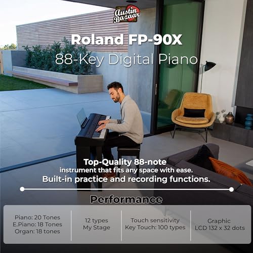 Roland FP-90X 88-Key Digital Piano - Black Bundle with KSC-90 Stand, KPD-90 Three Pedal Unit, Bench, Online Piano Lessons, Instructional DVD, and Austin Bazaar Polishing Cloth