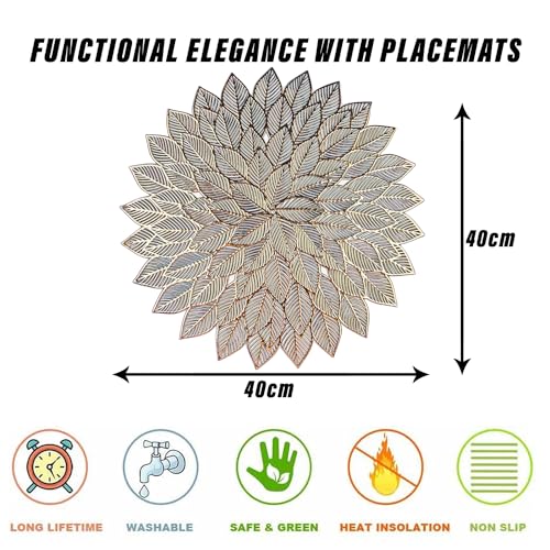 Image of Kuber Industries Leather Placemat | Placemats For Dining Room | Designer Table Mat Set | Side Table Placemats | Round Flower Placemat | 4 Piece Set | Golden