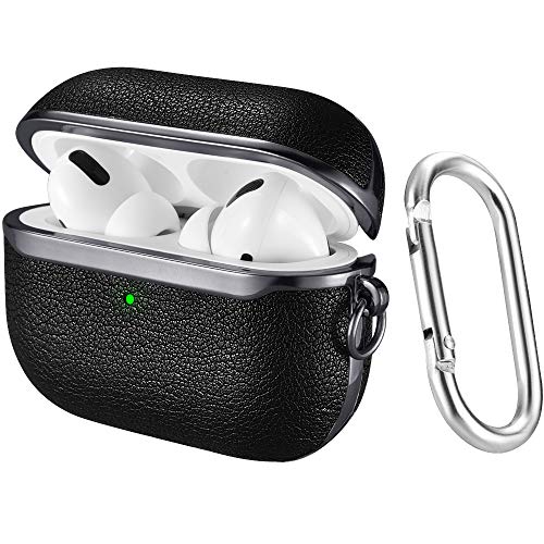 Image of AirPods Pro Case Cover, ICARERSPACE Portable Black Leather Cover Case with Carabiner for Apple AirPods Pro Charging Case [Front LED Visible] [Support Wireless Charging] - Gun Black Plated
