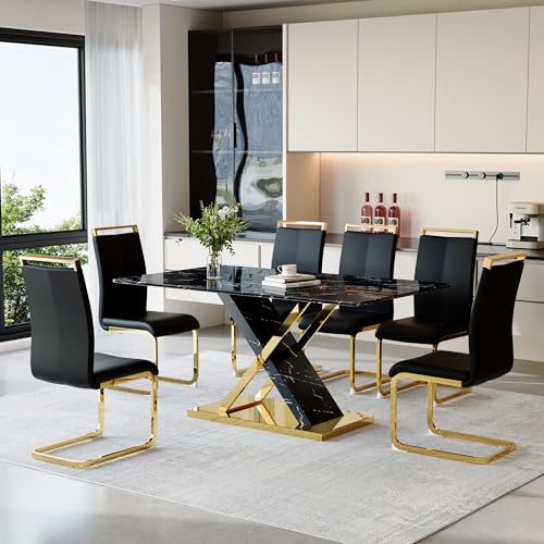 YUNDREAM Modern Marble Dining Table Set for 6,Black Gold 63''