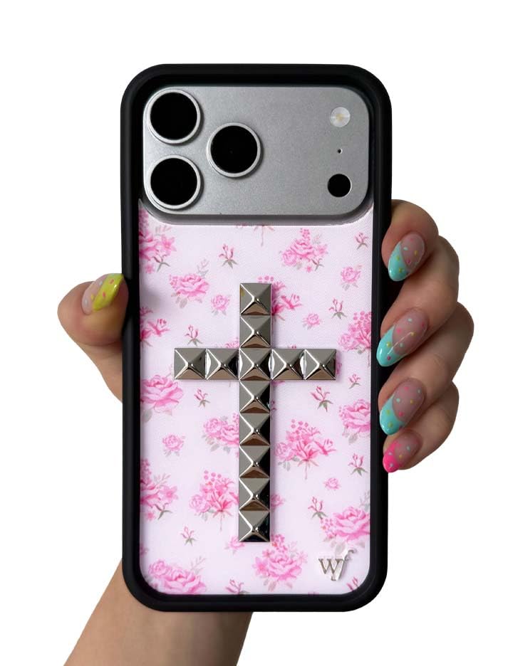 Image of Wildflower Cases - Compatible with iPhone 16 Pro Max | Protective Black Bumper, 6.5ft Drop Test Certified, Women Owned Small Business | Stud Cross Forget Me Not Floral Pink