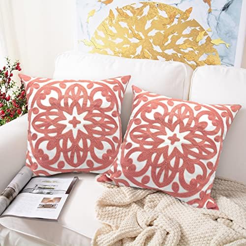 Alysheer Embroidered Decorative Throw Pillow Covers 18"x18" Set of 2 Pieces, Cozy Boho Mandala Knit Pattern, 100% Cotton Dusty Rose Cushion Cases for Sofa Couch Living Room Gifts (Flamingo Pink)