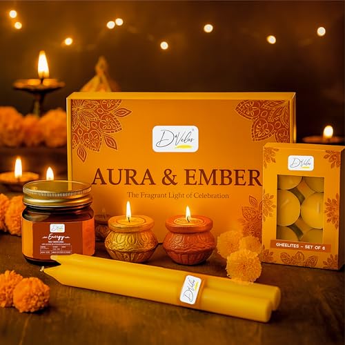 Image of D'Velas Aura & Ember Gift Box - Aromatherapy Candle, Scented Diyas, Cow Ghee Tealights & Colored Stick Candles | Luxury Holiday Hamper for Home Decor, Festive Celebration & Gifting