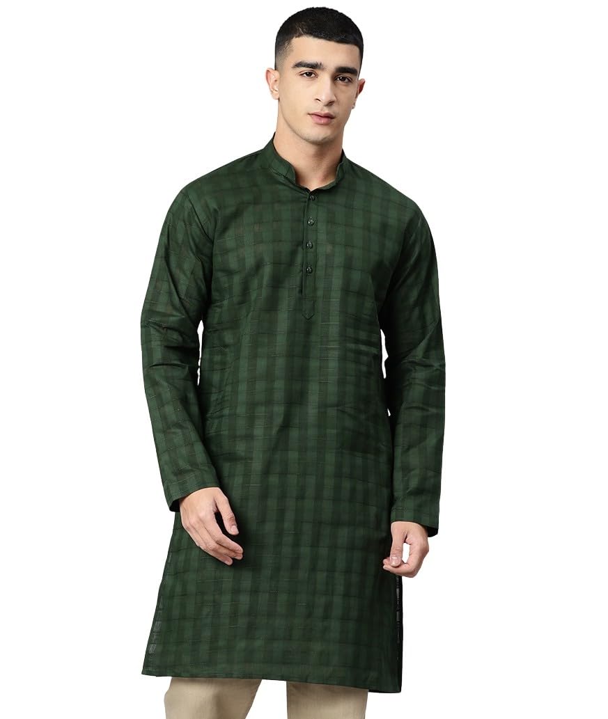 Men's Pure Cotton Textured Check Mandarin Collar Long Kurta-image-40