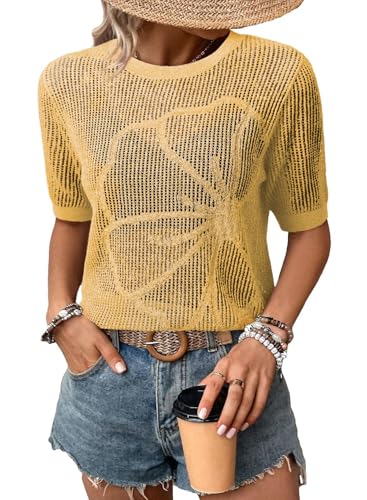 Image of Dokotoo Womens Summer Short Sleeve Crochet Tops Hollow Out Floral Sweaters Beach Vacation Cruise Outfits