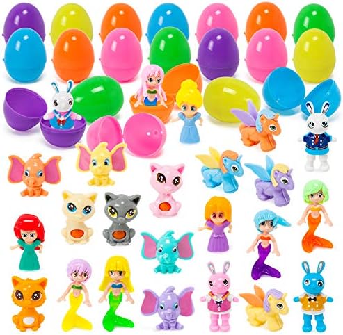 YIHONG 24 Pcs Prefilled Easter Eggs with Mini Assembling Toys Inside for Girl, Surprise Eggs for Easter Hunts, Basket Stuffers, Party Favor