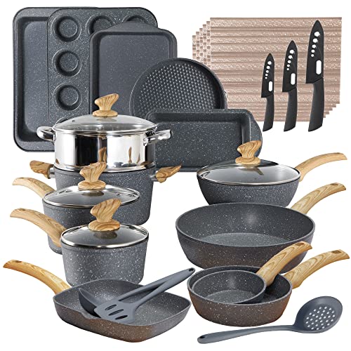 Kitchen Induction Cookware & Bakeware Set - 30 Piece Grey Granite Cooking Pans Set, Non-Stick Pots And Pans Set #TOP26