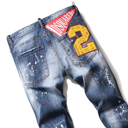Ripped Holes Skinny Stretch Denim Pants, Vintage Wash Paint Splattered Jeans, Patchwork Stylish Hip Hop Skinny Jean Trousers,282
