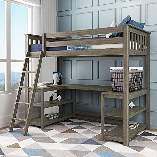 Max & Lily Classic High Loft (Twin), with Wraparound Desk and Shelves, Clay