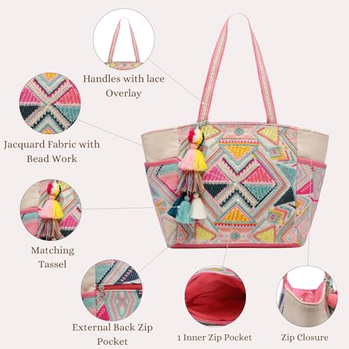 Image of Anekaant Kooky Boho Geometric Embellished Handloom Cotton Jacquard Tote Bag for Women | Handmade Designer Ethnic Bohemian Large Casual Carry Bag