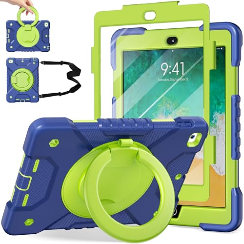 Andnary Case for iPad 6th/5th Generation 9.7 inch 2018/2017 Case iPad Air 2 Case 9.7 inch Heavy Duty Protective Cover with 360 Rotate Handle Stand Pencil Holder Shoulder Strap (Navy+Green)