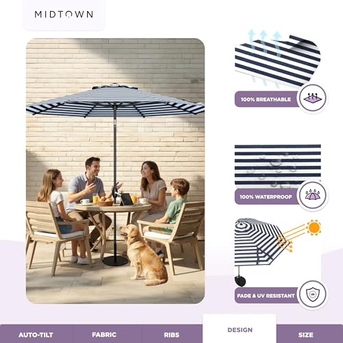 Image of Midtown Umbrellas - 10-Year-No-Fade 9 Ft Patio Umbrella with Terylast Fabric, Auto-Tilt Aluminum Frame and 8 Reinforced Ribs for Deck, Pool, Garden & Beach - Navy Stripes Canopy, Black Pole