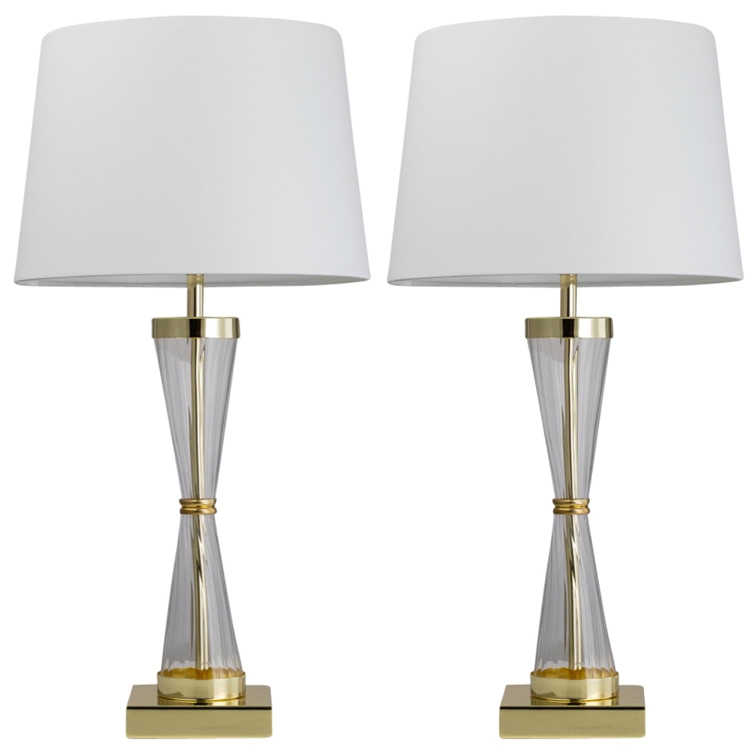 firstchoicelighting Pair Gold Plated Touch Lamps with White Fabric Shades Operated Bedside Lights Ribbed Glass Base LED Compatible