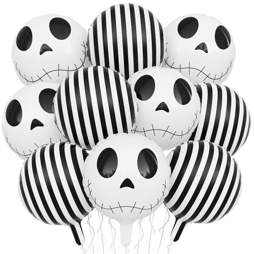 Image of Halloween Balloons Decorations 18 Inch Skull Black and White Striped Mylar Foil Balloon Skeleton Balloons for Halloween Birthday Spooky Baby Shower Party Decoration