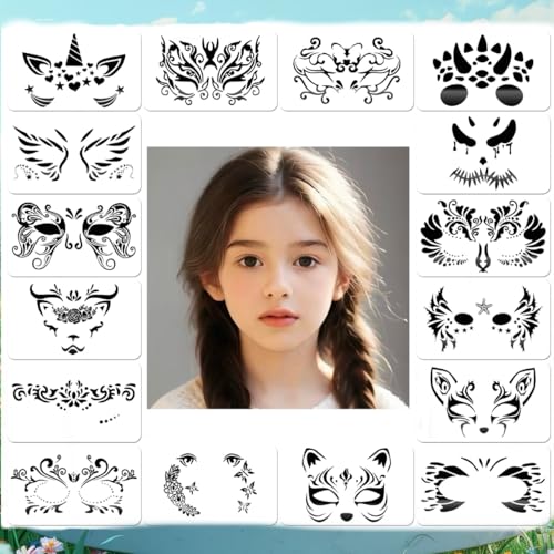 16 Sheets Halloween Face Paint Stencils, Body Facial Painting Stencils Kit Floral Stars Animal Skins Patterns Tattoo Painting Templates for Makeup Holiday Halloween Drawing Makeup Party Art Painting