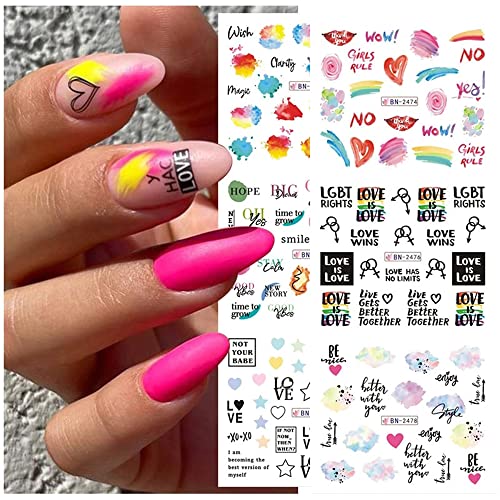 12Designs Nail Water Decals Nail Art Sticker Color Block Love Heart Water Decals Gay Pride Day Letter Rainbow Nail Sticker Geometry Line Watercolor Marble Sliders Manicure Decoration #TOP18