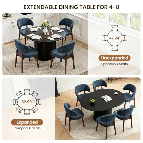 Image of MALOL 47 inch-63 inch Extendable Round to Oval Dining Table Chairs Set for 4-8, Modern Wooden Kitchen Table and Chairs with Hidden Storage and Fluted Design for Dining Room /Small Space(Black and Dark Blue)
