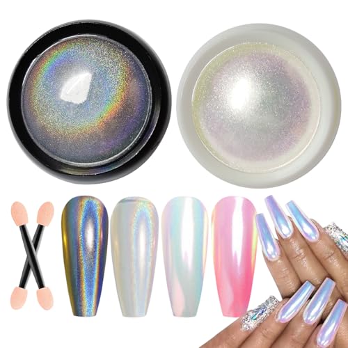 GZMAYUEN Poudre Chrome Ongle, Mermaid Effet Sirene Pearl Crome Ongles, Holographique Glitter Poudre Ongles Nail Art, 2Pcs