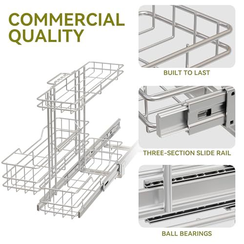 Image of 2 Tier Under Sink Organizer 11 inch W X18 D, Pull Out Cabinet Organizer One Removable Basket, Under Sink Slide Out Chrome Plated, Under Kitchen Bathroom Sink Organizer, 2 Pack